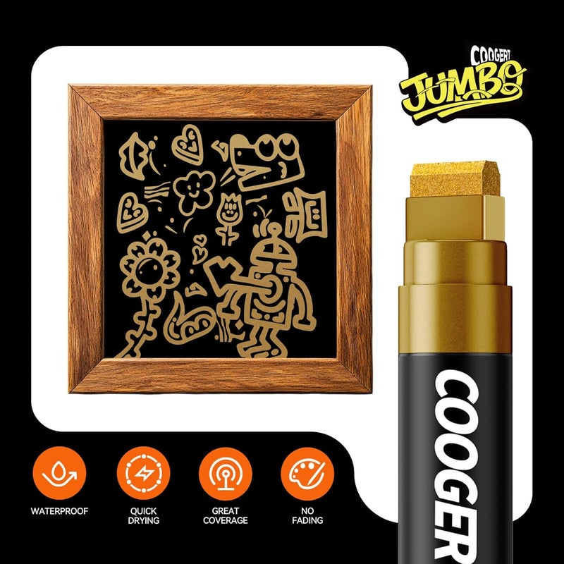 Coogert 3Pcs Gold Jumbo Poster Markers, 15MM Thick Permanent Acrylic Graffiti Markers, Wide Tip Paint Marker for Canvas, Posters Board, Fabric, Window, Glass, Wood, Teachers,Banner painting supplies - Image 3